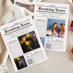 Vintage Birthday Newspaper Invitation Template (Canva Editable, PDF)