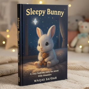 Peut inclure: Un livre pour enfants intitul&eacute; "Sleepy Bunny" pr&eacute;sente un lapin blanc tenant un ours en peluche devant un fond de ciel &eacute;toil&eacute;. La couverture affiche le titre, le nom de l'auteur Waqas Safdar et la phrase "A cozy bedtime story for sweet little dreamers."