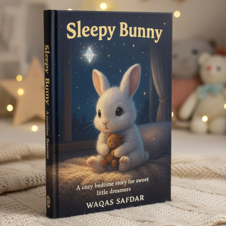 Peut inclure: Un livre pour enfants intitul&eacute; "Sleepy Bunny" pr&eacute;sente un lapin blanc tenant un ours en peluche devant un fond de ciel &eacute;toil&eacute;. La couverture affiche le titre, le nom de l'auteur Waqas Safdar et la phrase "A cozy bedtime story for sweet little dreamers."