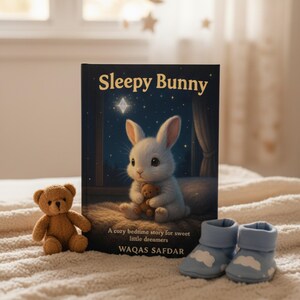 Peut inclure: Un livre pour enfants intitul&eacute; "Sleepy Bunny" avec une illustration d'un lapin blanc tenant un ours en peluche. &Agrave; c&ocirc;t&eacute; du livre se trouvent un petit ours en peluche et des chaussons bleus pour b&eacute;b&eacute; avec des nuages. Le livre porte le texte "Sleepy Bunny" et "WAQAS SAFDAR".