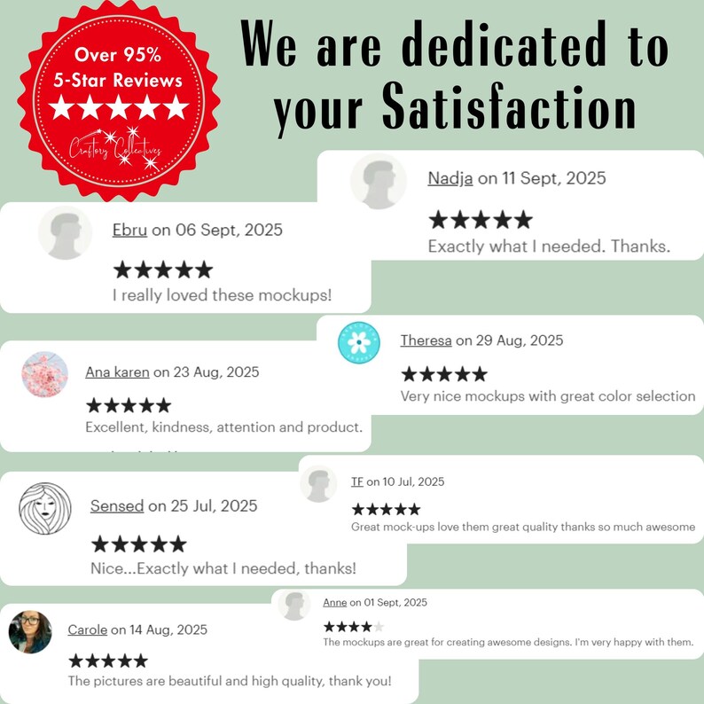 Peut inclure: Image pr&eacute;sentant des avis clients avec un badge rouge indiquant "Over 95% 5-Star Reviews." Le texte "We are dedicated to your Satisfaction" est affich&eacute;. Les avis incluent des dates, des noms et des &eacute;valuations par &eacute;toiles.