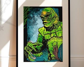 Gill Man, Creature from the Black Lagoon, classic horror movie monster poster | Available as Art Print, Canvas Wall Art or Framed Art