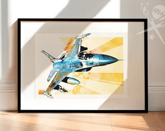 May include: A framed watercolor painting of a blue and gray fighter jet flying through a yellow and orange sky. The jet is depicted in a dynamic pose, with its wings spread and its nose pointed upwards. The background is a stylized representation of a sunrise or sunset, with rays of light emanating from the horizon.