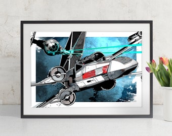 Star Wars Tie Fighter X-Wing battle - Star Wars Art, Star Wars Watercolor, Star Wars gift, Geek Gift, Nerd Gift, fan art illustration