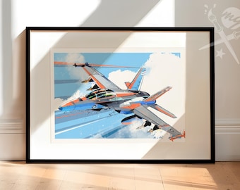 May include: A framed print of a blue, orange, and gray fighter jet flying through the clouds. The jet is in mid-air, with its wings spread wide and its engines firing. The background is a bright blue sky with white clouds.