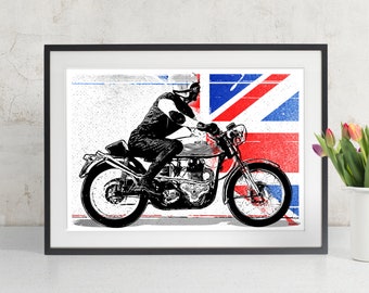 Vintage Motorcycle Art Print, Cafe Racer Motorcycle art, Union Jack pop art, Motorcycle Gift, Motorcycle Wall Art, British Cafe Racer art