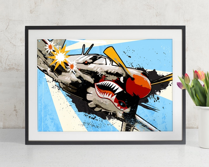 Airplane Art P-40 Warhawk Airplane Print, WWII Vintage Airplane, Military Gift, Airplane Decor, Art Print, Aviation, Pilot Gift, pop art image 1