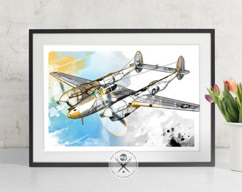 P-38 Lightning Vintage Airplane Art, WWII Poster, Airplane Decor, Airplane Print, Vintage Airplane Print, Aviation Art, Pilot Gift