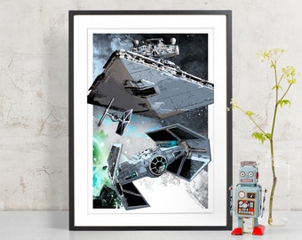 Star Wars Art - Darth Vader Tie Fighter and Star Destroyer - Star Wars Poster, Art Print, Darth Vader poster, fan art, Star Wars gift