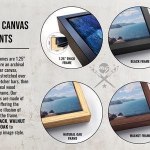 May include: Close-up of three framed canvas prints with different frame colors: black, natural oak, and walnut. The frames are 1.25 inches thick and feature a floating style.
