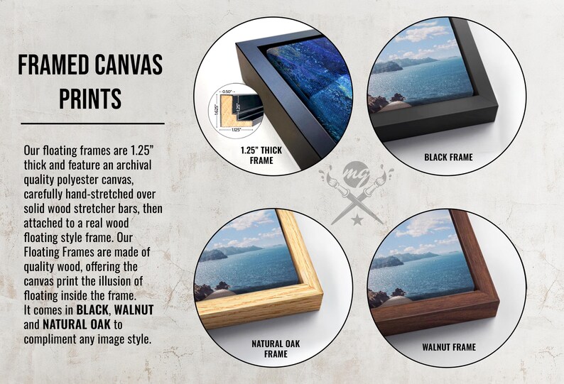 May include: Close-up of three framed canvas prints with different frame colors: black, natural oak, and walnut. The frames are 1.25 inches thick and feature a floating style.