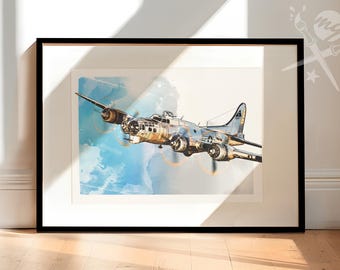 B-17 Flying Fortress Airplane Art | Vintage WWII Bomber Airplane Print | Great Gift for Aviation fans - Available as Print, Canvas or Framed
