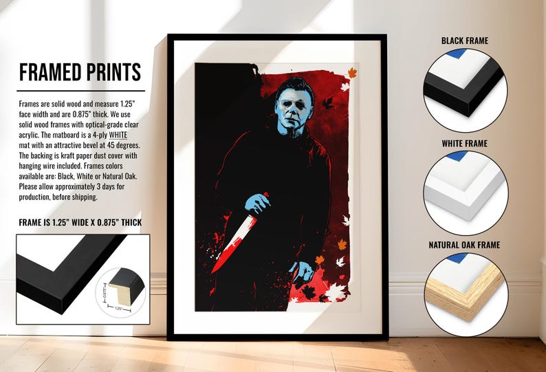May include: Framed print of a horror movie character with a knife. The character is wearing a black jacket and has a blue face. The background is red with falling leaves. The frame is available in black, white, or natural oak. The frame is 1.25 inches wide and 0.875 inches thick.