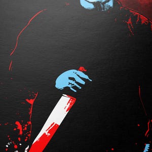 May include: A black and white illustration of a masked figure holding a bloody knife. The figure is standing in front of a red background with white splatters of paint.