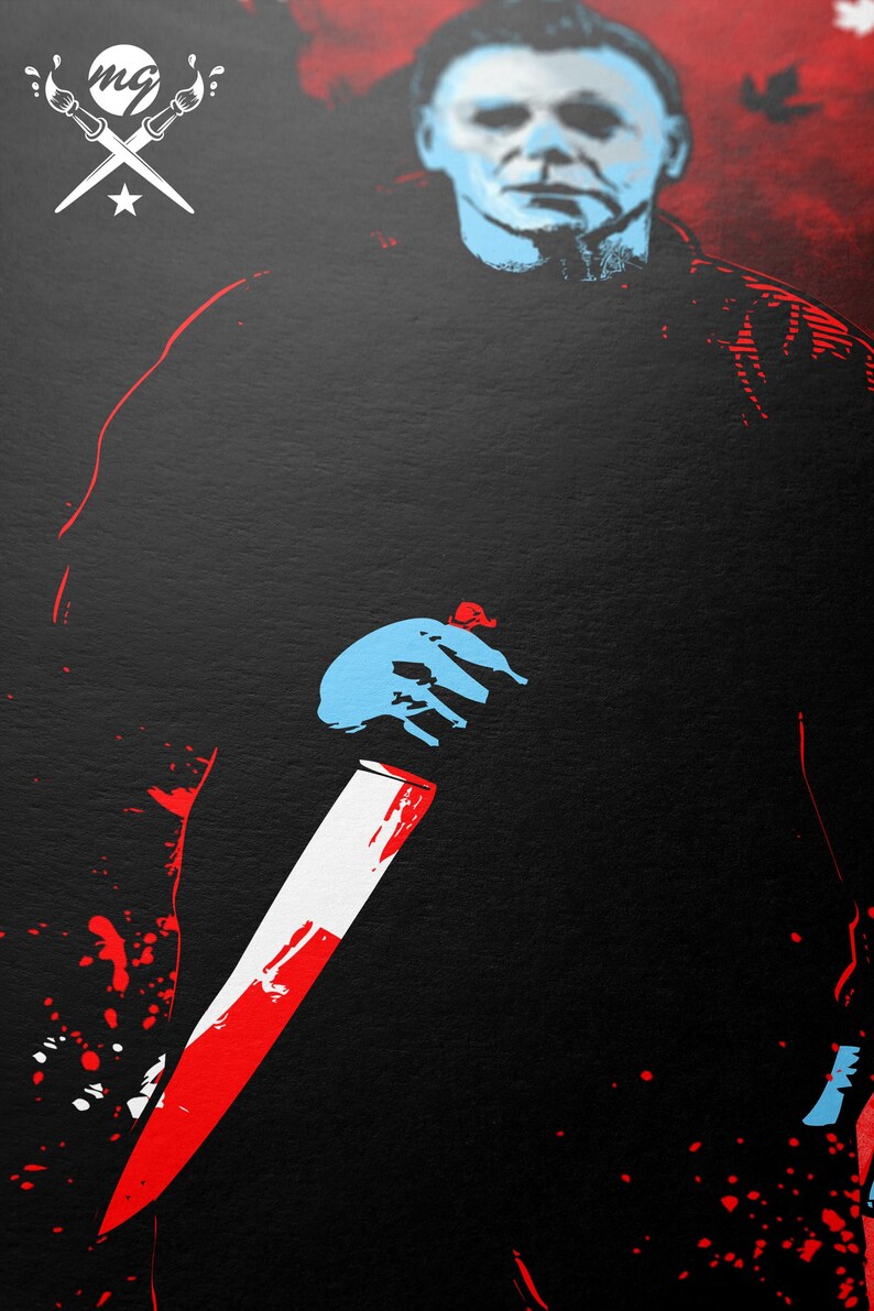 May include: A black and white illustration of a masked figure holding a bloody knife. The figure is standing in front of a red background with white splatters of paint.
