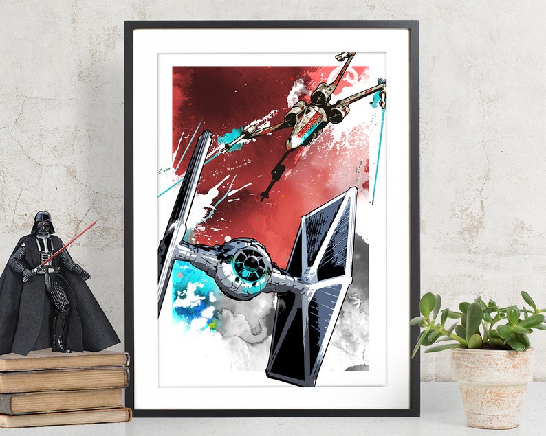 Star Wars Art X-wing and Tie Fighter battle Star Wars Poster, Art Print, Star Wars print, Star Wars Kids Room Decor, Nerd, Geek, fan art image 1