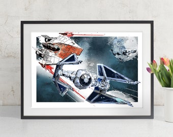 Star Wars Art - A-wing and Tie Fighter battle - Star Wars Poster, Art Print, Star Wars print, fan art illustration, Star Wars Gift