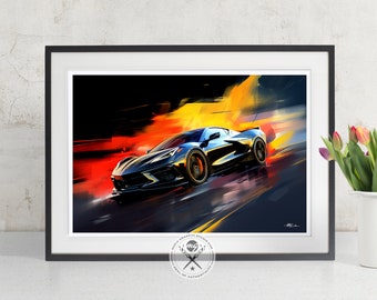 Black C8 Corvette Fine Art Print - Wall Art for Car Enthusiasts, Guy Gift, Corvette SportsCar Wall Art, Modern Car Artwork for Home