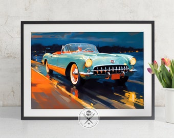 Fine art illustration of a vintage 1955 Corvette, available as a poster print or canvas art