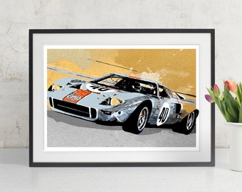 Ford GT40 Vintage Race Car Art, Classic Car Auto Decor, Sports Car Wall Art poster, Man Cave Gift for Men, Gear Head racing Decor, Art Print