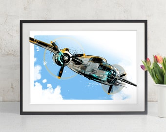 Airplane Decor - B25 Mitchell WWII vintage airplane - Airplane Art, Airplane Print, Aviation Art, Aviation Decor, Military Gift, WW2 Art