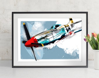 P-51 Mustang Vintage Airplane Art, WWII Poster, Airplane Decor, Airplane Print, Vintage Airplane Print, Aviation Art, Pilot Gift,