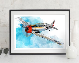 North American Aviation T-6 Texan vintage Warbird Airplane Art, WWII vintage Airplane Decor, Military Gift, Aviation Pilot gift, Art Print