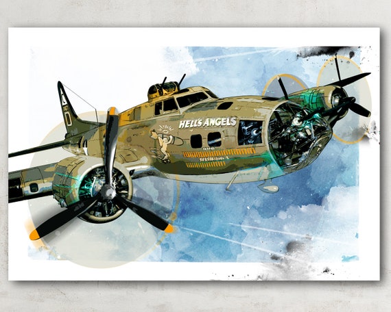B 17 Flying Fortress Airplane Art Hells Angels Retro Wwii Etsy
