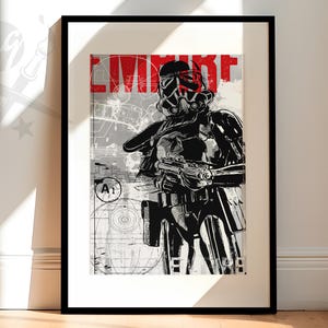 May include: A black and white illustration of a Star Wars Stormtrooper with the word "EMPIRE" in red letters above the figure. The background is a gray and white design with a circle labeled "A1".