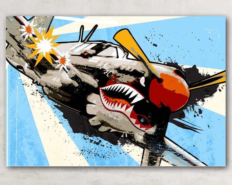Airplane Art P-40 Warhawk Airplane Print, WWII Vintage Airplane, Military Gift, Airplane Decor, Art Print, Aviation, Pilot Gift, pop art image 2