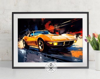 Vintage Orange Corvette Stingray, MCM style Fine Art illustration | Available as a Poster Print or Canvas Art | Gift for Guys | Car Wall Art