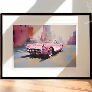 Ilustración de bellas artes de un Corvette rosa vintage. Disponible como impresión artística, lienzo o marco. Regalo ideal para los entusiastas de Chevy.