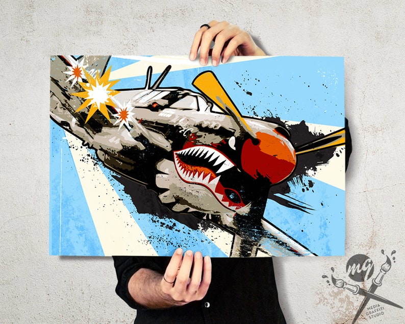 Airplane Art P-40 Warhawk Airplane Print, WWII Vintage Airplane, Military Gift, Airplane Decor, Art Print, Aviation, Pilot Gift, pop art image 3