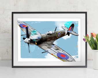 British Supermarine Spitfire Airplane Art, vintage WWII fighter plane decor, Military Gift, watercolor painting art print