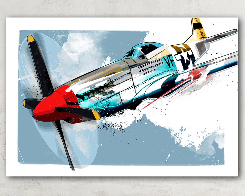 Art d'avion vintage Mustang P-51, affiche de la seconde guerre mondiale, décoration d'avion, impression d'avion, impression d'avion vintage, art de l'aviation, cadeau de pilote, image 2