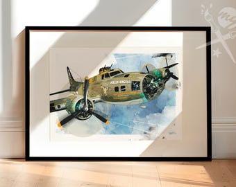 May include: A framed watercolor painting of a vintage military aircraft, a B-17 bomber, with the words "Hell's Angels" and "Glamourous Glennis" on the side. The plane is painted in camouflage colors with a green and brown color scheme. The plane is flying through a cloudy sky.