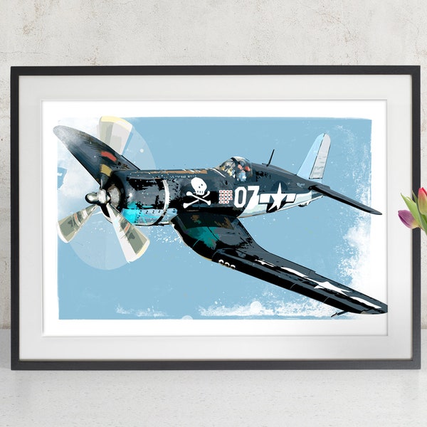 F4U Corsair vintage Airplane art print, retro WWII war plane decor, US Navy, Military Gifts, Aviation Art, Watercolor painting