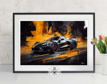 Black C8 Corvette Fine Art Print - Sleek Canvas Wall Art for Car Enthusiasts, Gift for Guys, Corvette Poster, Supercar Sports Car Wall Art