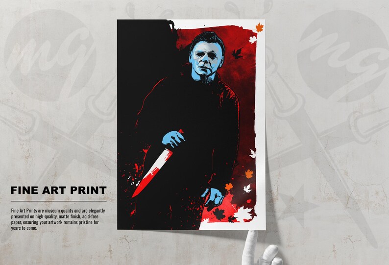 May include: A fine art print of a horror movie character with a knife. The character is wearing a black mask and has a blue face. The background is red with fall leaves.