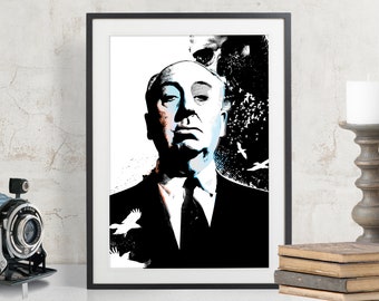 Alfred Hitchcock, The Birds Minimalist Movie Poster, fan art illustration, Art Print, Alfred Hitchcock Art, Gift for Guys, Man Cave Decor