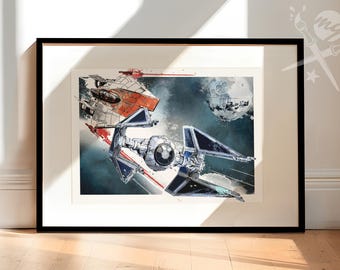 May include: A framed illustration of a space battle scene featuring two starfighters, one red and white and the other blue and gray, against a backdrop of a distant planet and a space station.