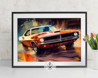 Vintage Plymouth Barracuda muscle car, fine art illustration available as a poster print or canvas art