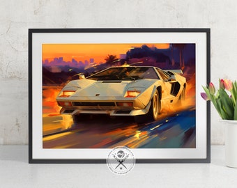 Fine art illustration of a vintage Lamborghini Countach, available as a poster print or canvas art