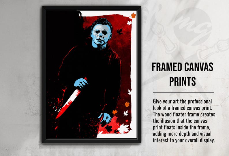May include: A framed canvas print featuring a stylized illustration of a horror movie character holding a knife. The background is a red and orange color with a splattered effect. The text "FRAMED CANVAS PRINTS" is visible at the top of the image.