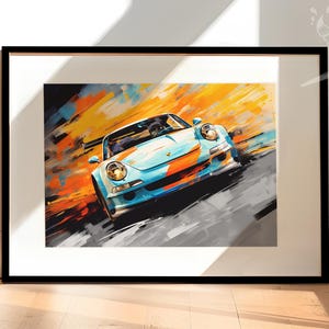 Porsche Racing fine art Illustration | Gulf Racing Colors | Available Print, Canvas or Framed | Gift for Car Lovers and Porsche Enthusiasts