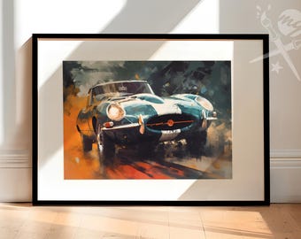 Vintage British Jaguar E-Type Fine art illustration | Gift for Classic Car Enthusiasts | Available as Art Print, Canvas or Framed