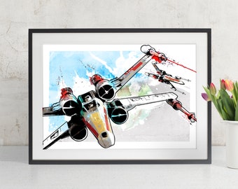 Star Wars X-Wing Fighter Art, Star Wars Watercolor Art, Star Wars Poster, Star Wars Gift, Star Wars Decor, Fan Art, Geek Gift, Nerd Gift