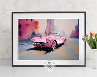 Vintage Pink Corvette Fine Art Print, Available as Poster print or Canvas art, Chevy Enthusiasts Ideal Gift for Car Lovers