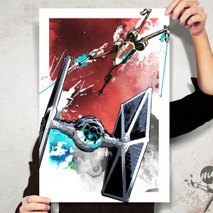 Star Wars Art X-wing and Tie Fighter battle Star Wars Poster, Art Print, Star Wars print, Star Wars Kids Room Decor, Nerd, Geek, fan art image 3