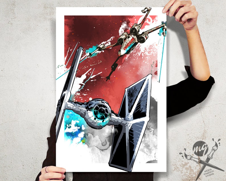 Star Wars Art X-wing and Tie Fighter battle Star Wars Poster, Art Print, Star Wars print, Star Wars Kids Room Decor, Nerd, Geek, fan art image 3